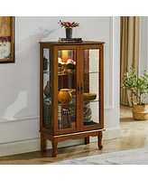 Simplie Fun Curio Cabinet Lighted Curio Display Cabinet with Adjustable Shelves and Mirrored Back Panel, Tempered Glass Doors (Oak, 3 Tier), (E26 ligh