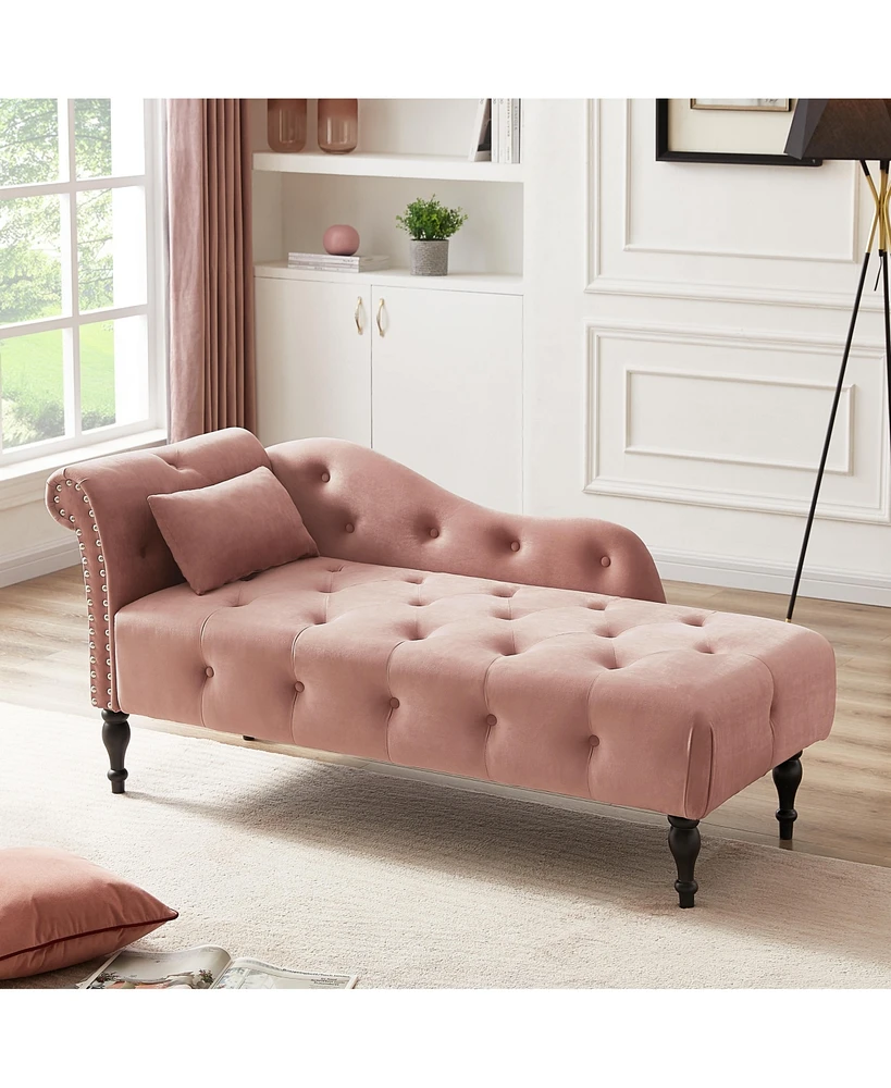 Simplie Fun 60" Velvet Chaise Lounge with Buttons, Nailhead Trim, and Pillow