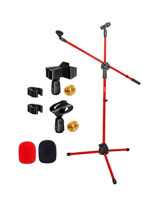 5 Core Tripod Mic Stand Heavy Duty Height Adjustable Floor Microphone Boom Arm Pedestal Para Microfono for Singing On Stage Studio - Ms Dbl G Red