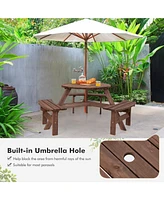 Sugift 6 Person Wooden Picnic Table Set with Bench and Umbrella Hold