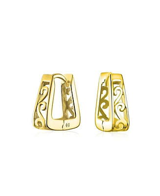 Bling Jewelry Square Pyramid Shaped Scroll Swirl Filigree Kpop Huggie Earrings Hoop For Women Gold Plated Sterling Silver