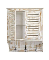 Slickblue White Washed Wall Cabinet with Hooks - Rustic Storage for Entryway or Bathroom