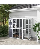 PawHut Wooden Outdoor Catio with Platforms, Asphalt Roof, Ramps, Light Gray