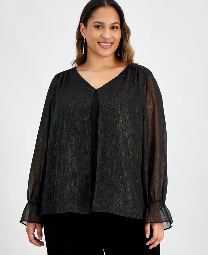 Kasper Plus Split-Front Metallic-Threaded Sheer-Sleeve Top