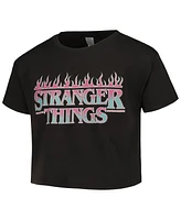 Mad Engine Girls Black Stranger Things Neon Flames Cropped T-Shirt