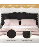 Queen Size Upholstered Bed Frame with Nailhead Trim Headboard Wooden Slats Support