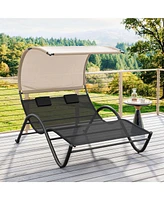Outdoor Double Chaise Lounge Chair with Sunshade Canopy & Headrest Pillows