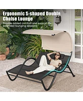 Outdoor Double Chaise Lounge Chair with Sunshade Canopy & Headrest Pillows