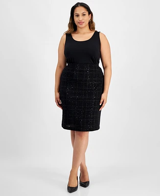 Kasper Plus Size Plaid Sequin Pencil Skirt