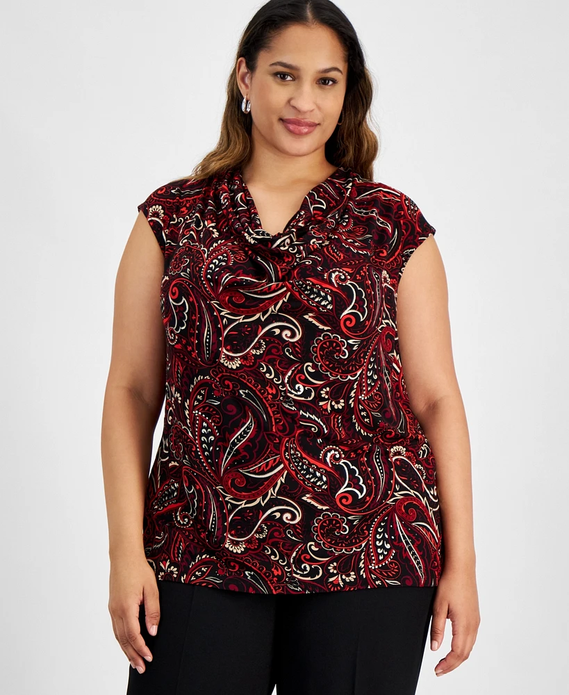 Kasper Plus Printed Cowl-Neck Cap-Sleeve Top