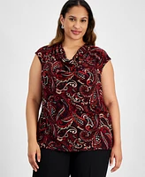 Kasper Plus Size Printed Cowl-Neck Cap-Sleeve Top