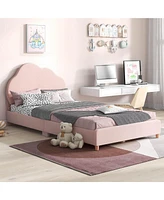 Costway Kids Twin Platform Bed Frame Upholstered Twin Size Bed with Wooden Slats Support