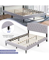 Costway Queen Size Upholstered Platform Bed Linen Bed Frame with Button Tufted Headboard