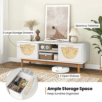 Costway Tv Stand for 55-Inch TVs with 2 Drawers & Woven Fronts Solid Wood Legs