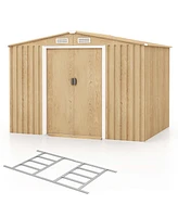 Costway 8 × 6 Ft Outdoor Storage Shed Galvanized Steel Shed with Base Floor Wood Grain
