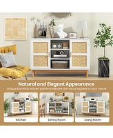 Costway 48" Sideboard Buffet Cabinet with 2 Bamboo Woven Doors 3 Open Shelves for Kitchen