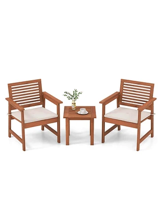 Costway 3 Pcs Patio Furniture Set with 2 Seat Cushions Coffee Table Solid Wood Chairs