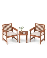 Costway 3 Pcs Patio Furniture Set with 2 Seat Cushions Coffee Table Solid Wood Chairs