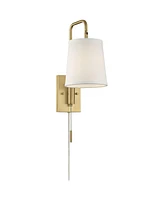 Luca Mid Century Modern Indoor Swing Arm Wall Mounted Lamp Brass Finish Metal Plug-In Light Fixture Fabric Shade for Bedroom Bedside House Reading Liv