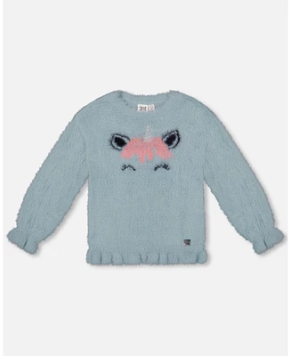 Deux par Toddler Girls Unicorn Sweater Hairy Knit Turquoise - Toddler|Child