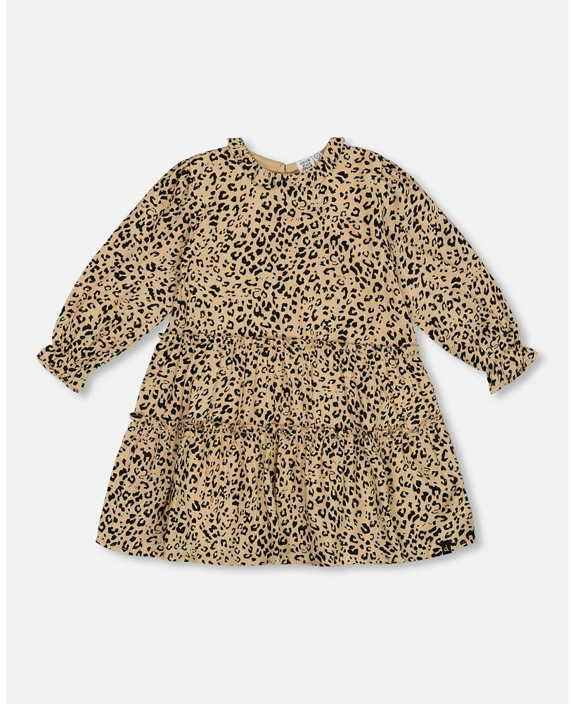 Deux par Toddler Girls Long Sleeve Viscose Dress With Frill Printed Leopard - Toddler|Child