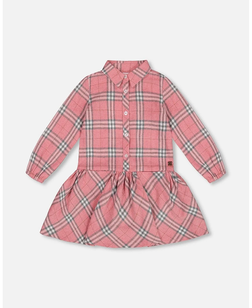 Deux par Big Girls Flannel Shirt Dress With Frill Pink Plaid