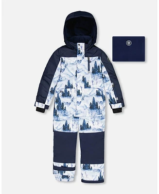 Deux par Toddler Boys One Piece Snowsuit Navy Blue Watercolor Pine Print - Toddler|Child