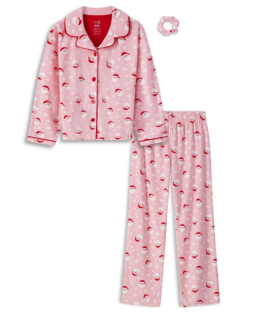 Max and Olivia Girls Velour Coat Pajama with Scrunchie 3 pc Set