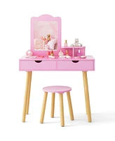 Costway Kid Vanity Table Chair Set with Mirror Large Storage Drawers Wooden Legs