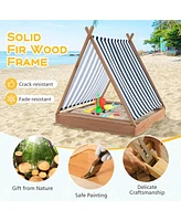 Costway Wooden Sandbox with Canopy Tent Design Fir Wood Frame 2 Bench Seats Bottom