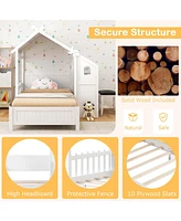 Twin House Bed with Desk & Chair with 2 Drawers Windmill Fence & Headboard for Teens