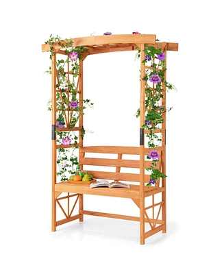 Costway Patio Garden Arbor with Pergola Bench 2 Trellises for Climbing Plants Vines Grapes