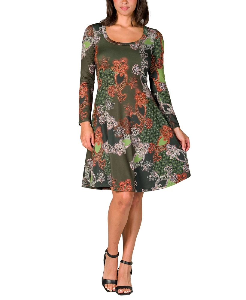 24seven Comfort Apparel Women's Green Paisley Print Long Sleeve Knee Length Dress