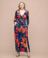 24seven Comfort Apparel Women's Navy Floral Print Long Sleeve Side Slit Maxi Dress