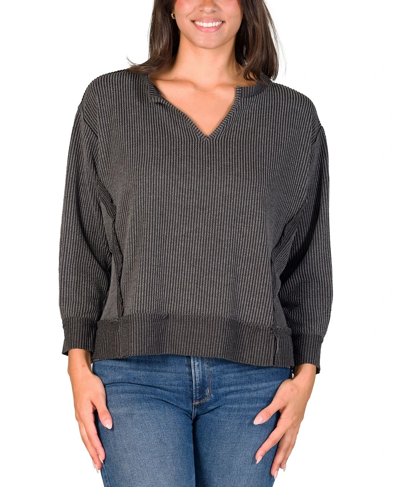 24seven Comfort Apparel Women's Relaxed Fit Ribbed Knit V Neck Sweatshirt Top