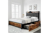 gaomon Bed Frame, Storage Headboard with Charging Station, Platform Metal Frame 4 Drawers, No Box Spring Needed, Noise Free, Easy Ass