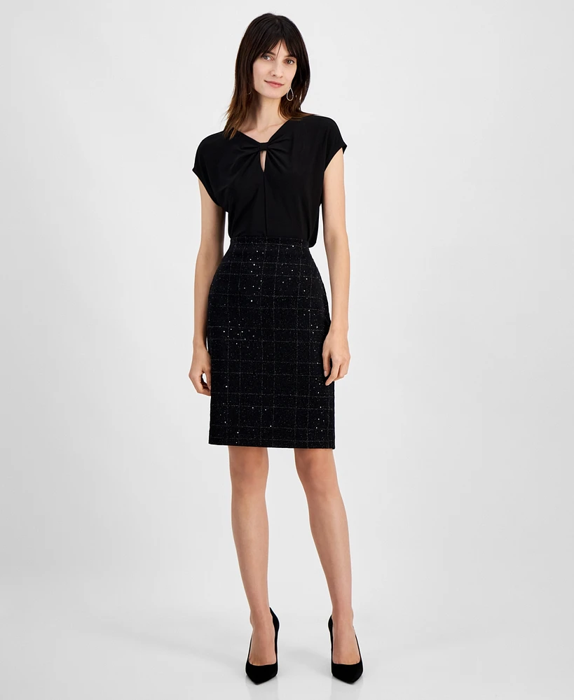 Kasper Women's Plaid Sequin Pencil Skirt, Regular and Petite Sizes