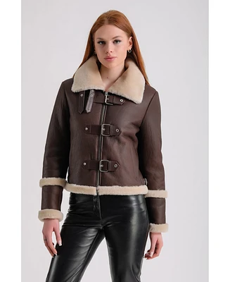 Furniq Uk Women's Shearling Jacket, Brown