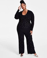 Nina Parker Trendy Plus Size Embellished Rib Knit Cardigan Tank Pants