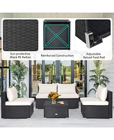 Gymax 5PCS Patio Outdoor Rattan Sofa Conversation Set w/ Seat & Back Cushions Off White