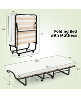 Sugift Twin Size Folding Bed with Foam Mattress and Lockable Wheels