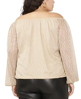 Vince Camuto Plus Size Off-The-Shoulder Tie-Hem Bubble-Sleeve Metallic Blouse