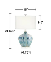Mia 25" High Mid Century Modern Coastal Table Lamp Blue Drip Ceramic Single Off-White Shade Living Room Bedroom Bedside Nightstand House Office Home K