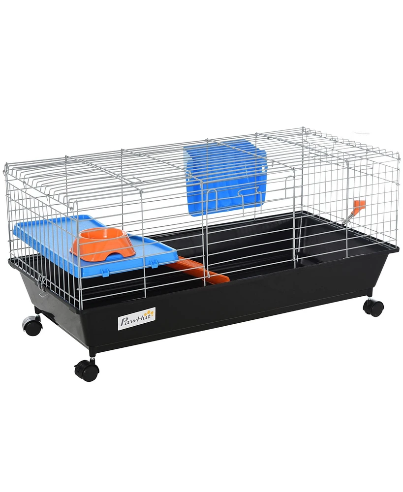 PawHut 35" Small Animal Cage with Wheels, Ramp, Water, Food Dish, Black