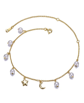 Rachel Glauber Sterling Silver 14k Gold Plated Anklet with White Pearls Charms