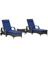 Outsunny Pool Furniture, 2 Lounge Chairs & Table, Wheels, Cushioned, Blue