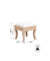 Jonathan Y Rowan 19.7" Bohemian Designer Woven Rattan/Wood Vanity Stool, White Cushion with Natural Frame
