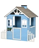 Outsunny Wooden Playhouse for Kids Outdoor with Flower Pot Holders, Blue