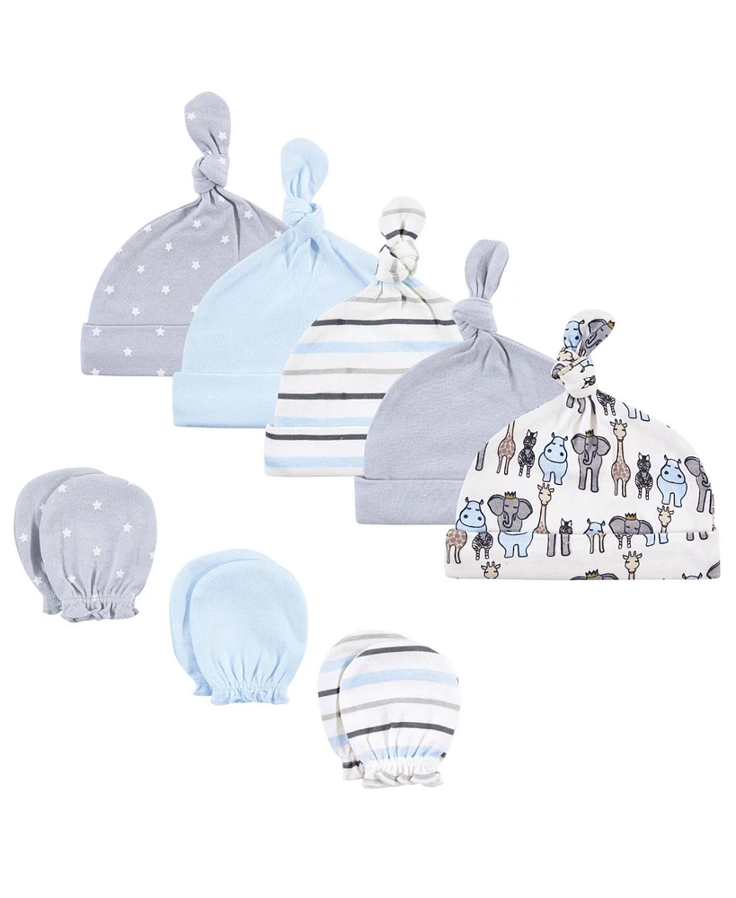 Hudson Baby Baby Boys Hudson Cotton Cap and Scratch Mitten Set, Royal Safari, 0-6 Months