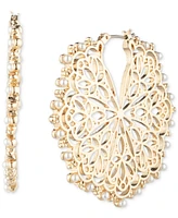 Marchesa Gold-Tone Imitation Pearl Filigree Medium Hoop Earrings, 1.8"